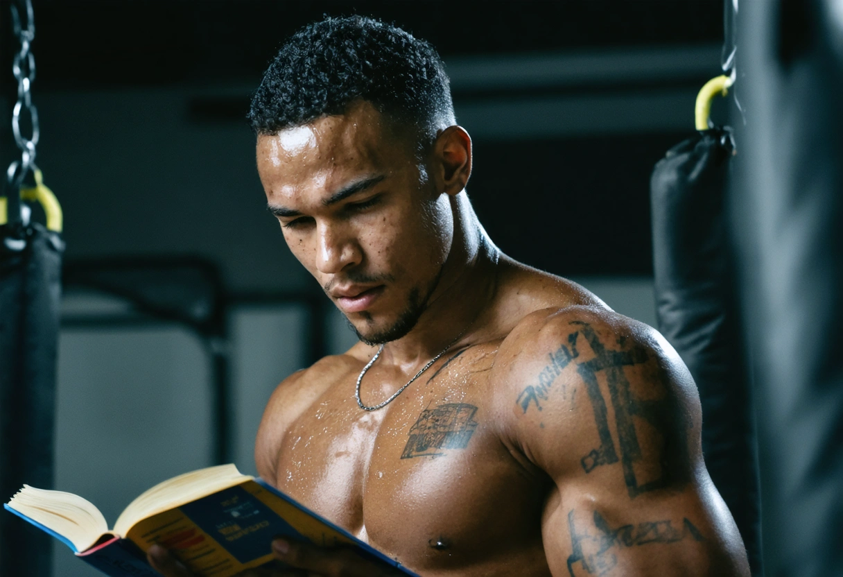 Boxer reviewing training notebook after tough session, sweat on brow, thoughtful expression