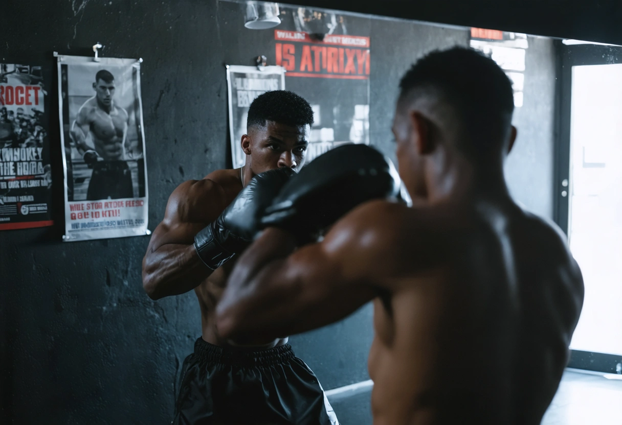 Boxer shadowboxing in front of mirror with focused expression, gym posters in background