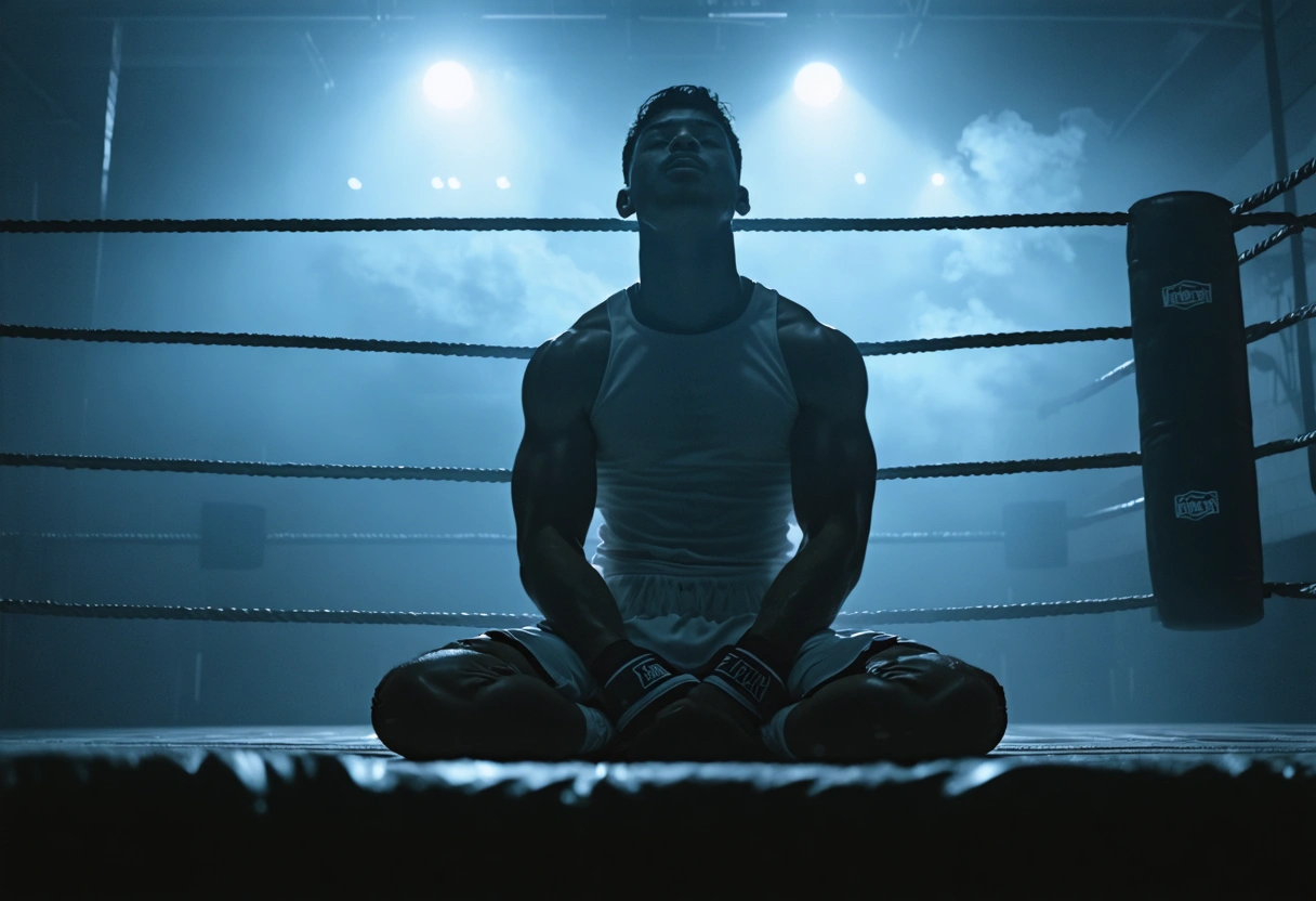 Boxer sitting quietly in ring with eyes closed, spotlight highlighting serene mental preparation