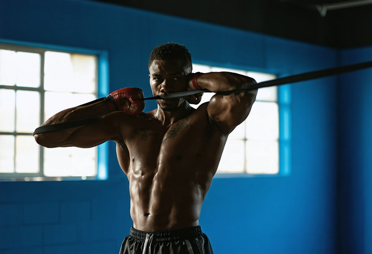 Boxer stretching shoulder with resistance band in gym, focusing on safe warm-up