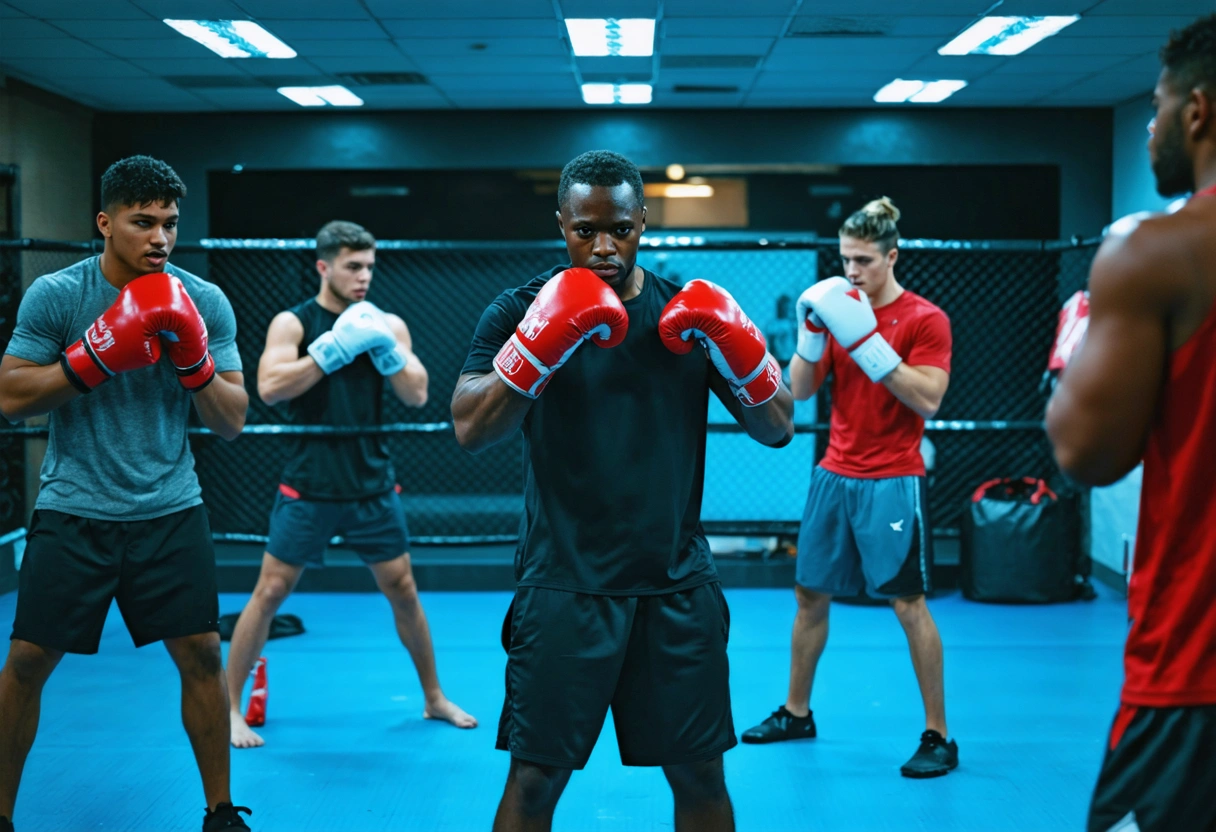 Coach leading group boxing class through warm-up exercises in spacious, well-lit gym