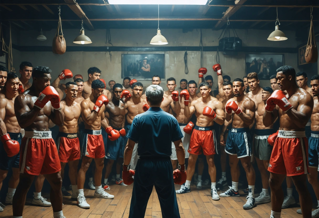 Group of boxers training together with supportive coach, camaraderie and encouragement visible