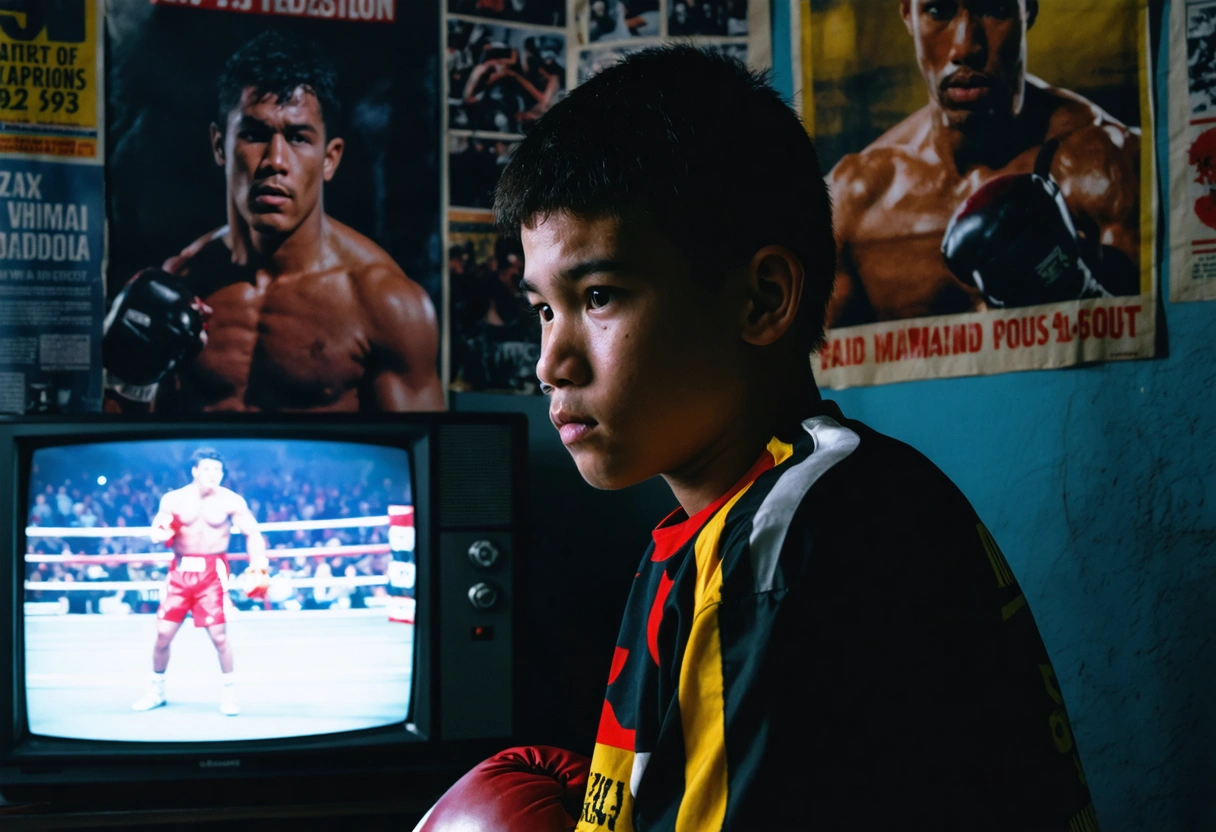 Young boxer watching classic boxing match on TV, inspired by legendary fighter posters