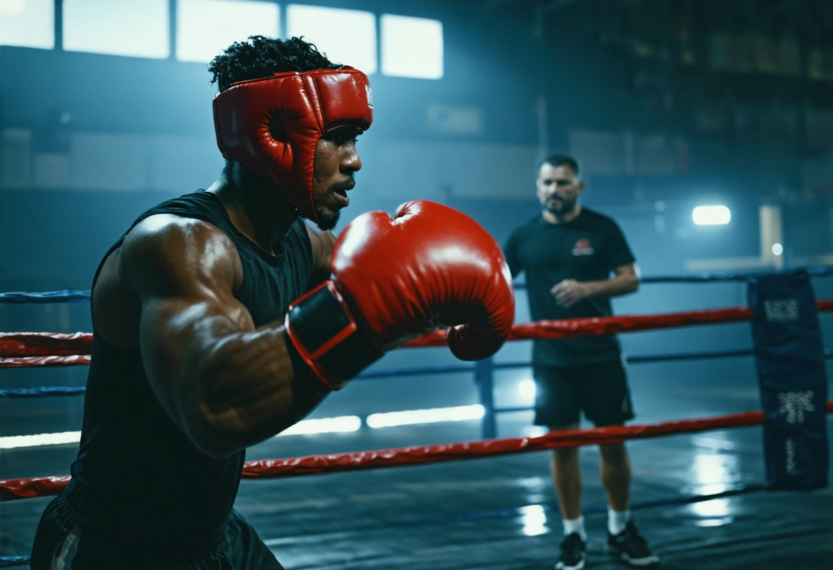 Boxer with mouthguard and headgear practicing defensive moves with coach in ring