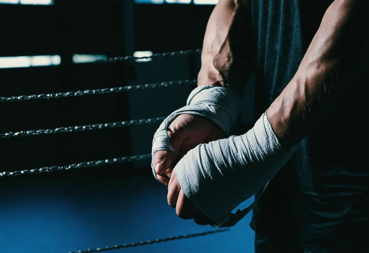 Close-up of a boxer's taped hands and wrists preparing for training in a gym