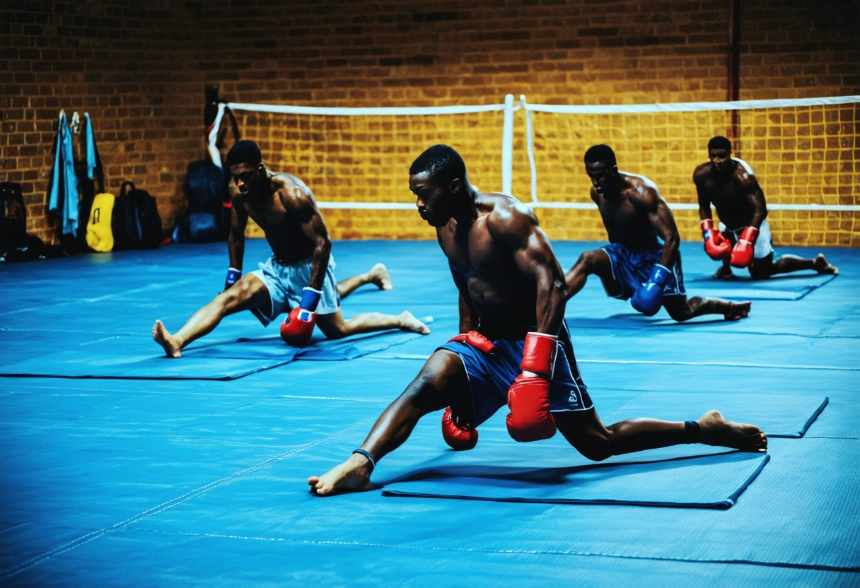 Multiple boxers doing dynamic stretches and mobility drills on gym mats for injury prevention