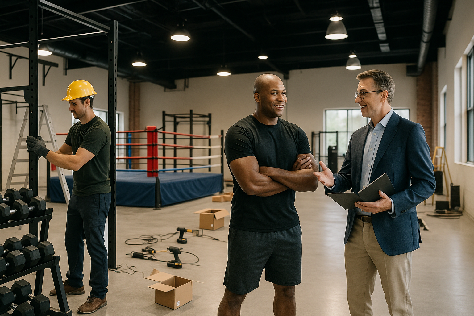 riddick financing Gym owner meeting in under construction gym with finacial adviser