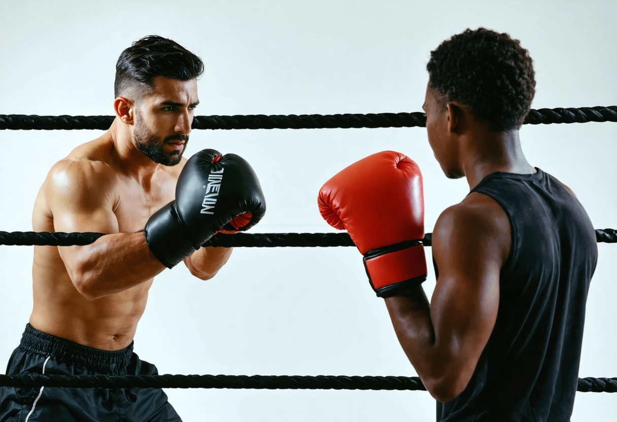 Boxing trainer holds mitts as student feints and counters in bright training ring