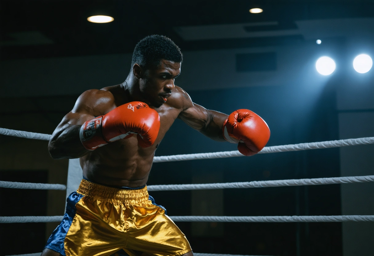 Boxer in classic gear slips punch, emphasizing head movement in dramatic gym lighting