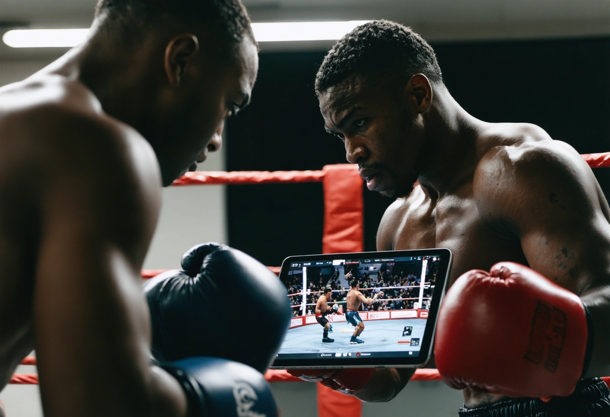 Trainer and boxer analyze fight footage on tablet ringside, discussing tactics closely