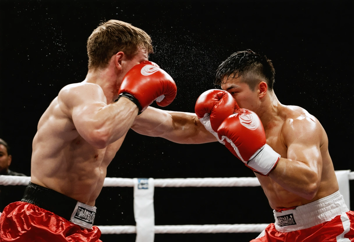 Two boxers spar, one dodging and countering, action frozen mid-motion in ring