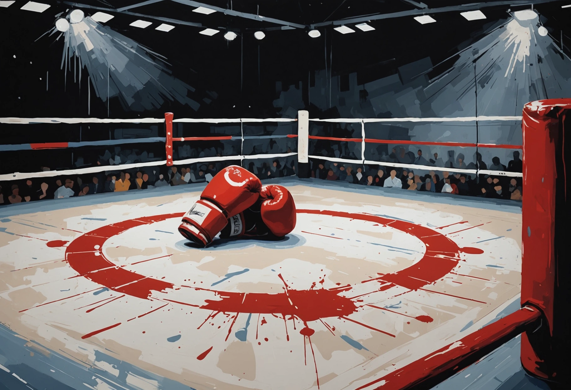 **Subject: Footwork as Art** - A minimalist scene of a boxing ring under a single spotlight, with elegant brush strokes and splatters representing the swift and precise movements of footwork. This abstract depiction emphasizes the art and rhythm of boxing. **Mood**: Minimal and modern. **Perspective**: Top-down view focusing on the ring. **Do not include any text, writing, letters, or words in the image.**
