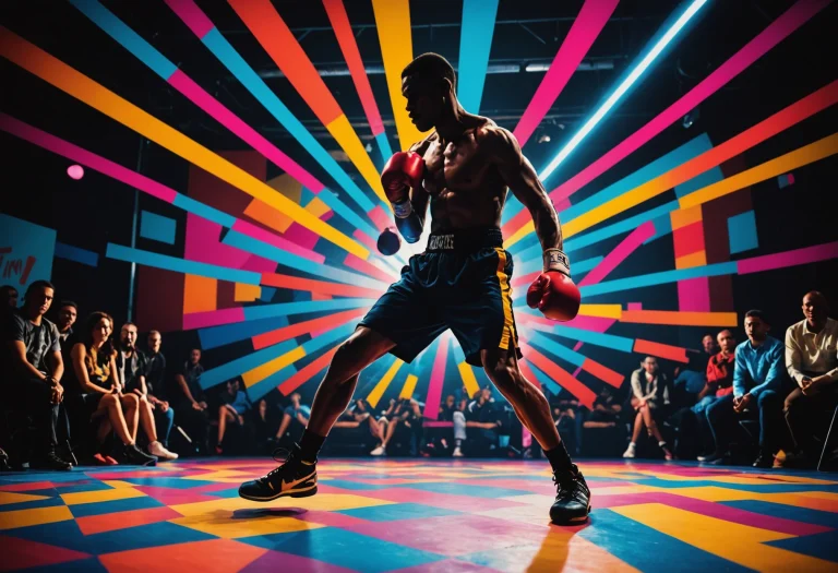 Silhouette boxer performing footwork on neon-lit dance floor with abstract geometric patterns.