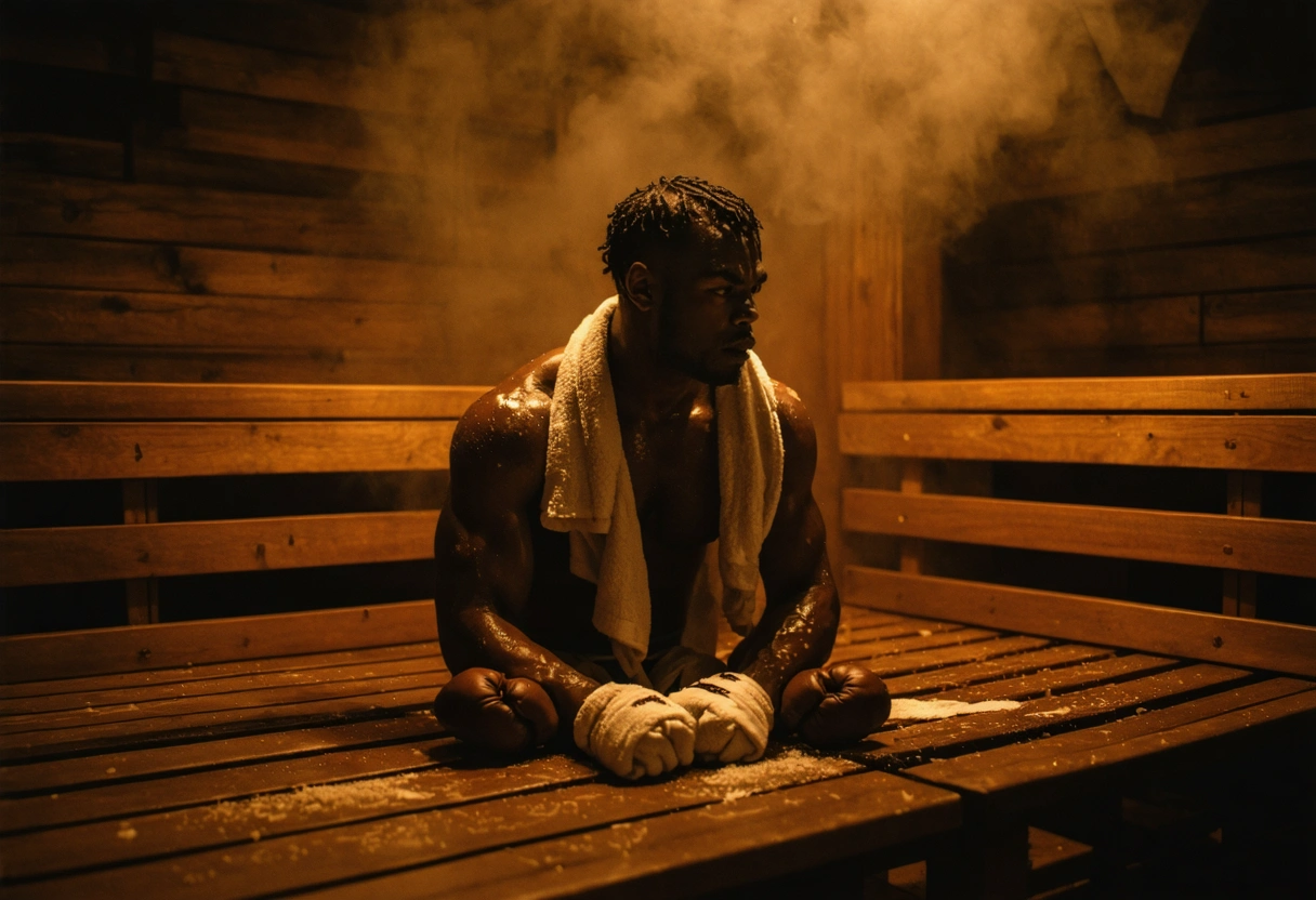 Boxer sweating heavily in sauna, towel around neck, steam and wooden benches visible