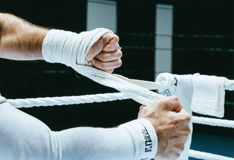 Boxer’s hands being wrapped with white cloth hand wraps in a modern boxing gym.
