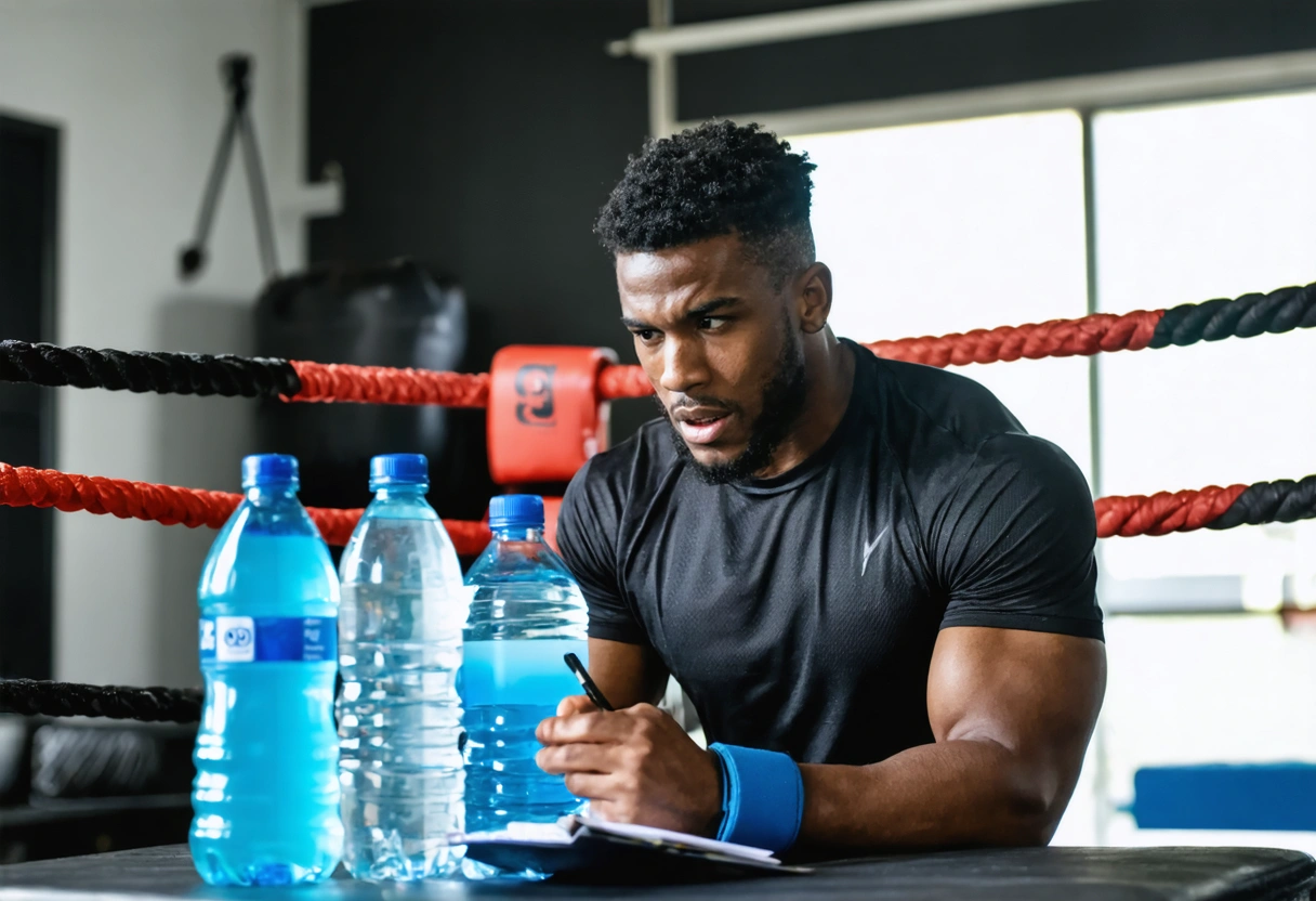 Coach and boxer discussing hydration plan with clipboard, water bottles and boxing ring nearby