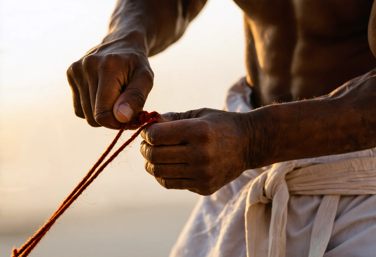 Close-up of hands threading wrap between fingers during early morning boxing training