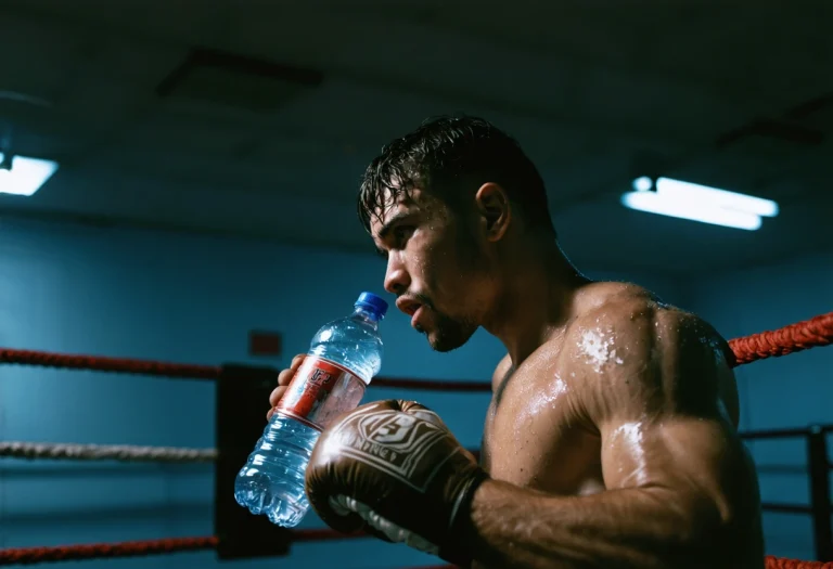 Boxer hydrating in gym between rounds, intense expression, boxing ring ropes, dramatic lighting.