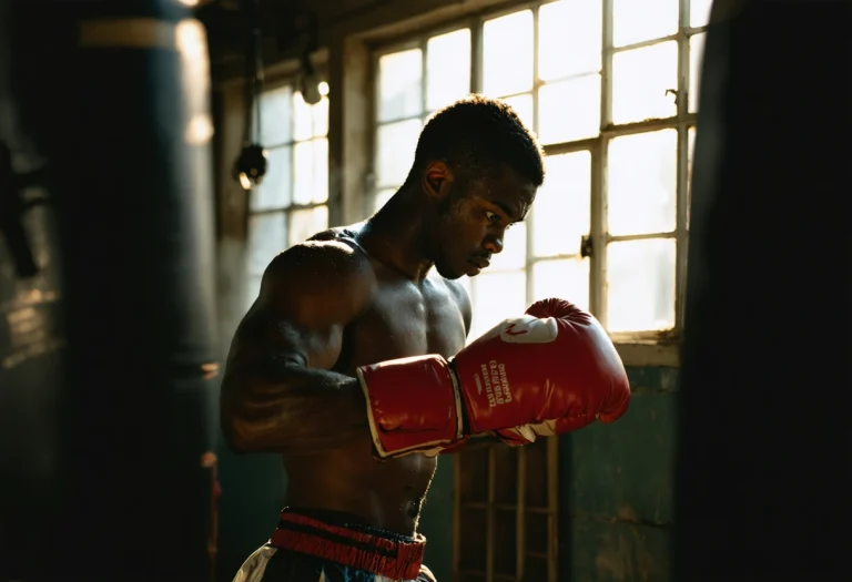 Determined boxer lacing gloves in sunlit gym, intense expression, motivational atmosphere.
