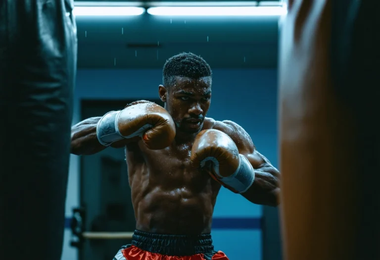 Boxer training intensely, punching heavy bag in gym under bright lights, showcasing athletic movement.