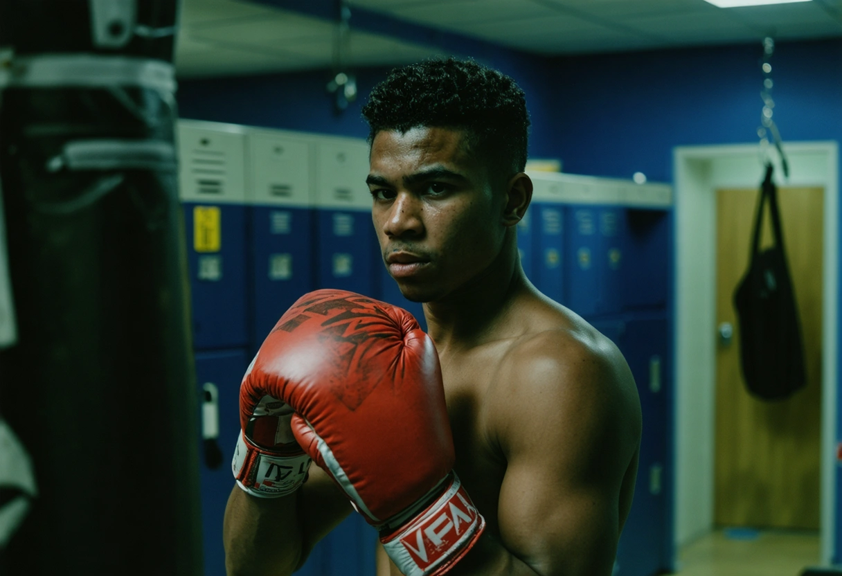 Young boxer in locker room confidently looking at securely wrapped fists before match