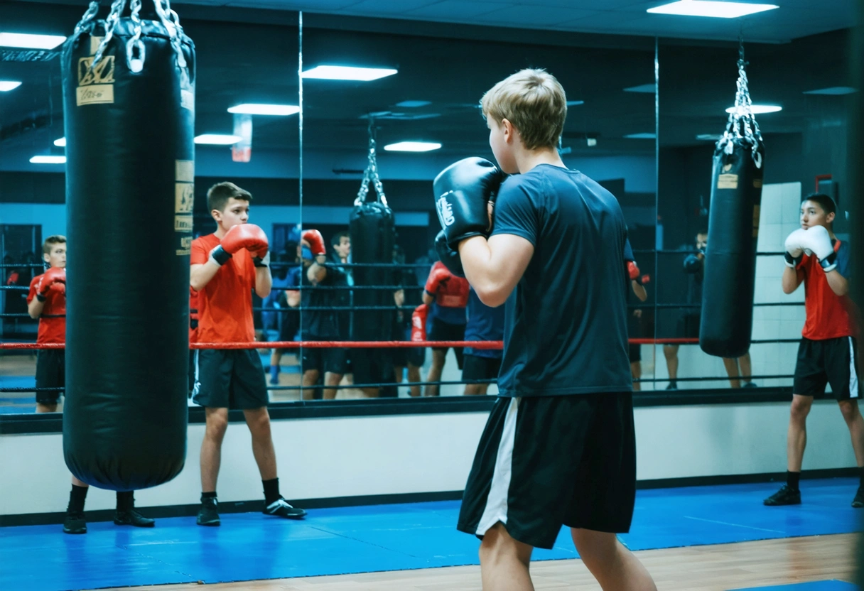 Teens of various backgrounds practicing boxing drills in a modern gym under coach supervision