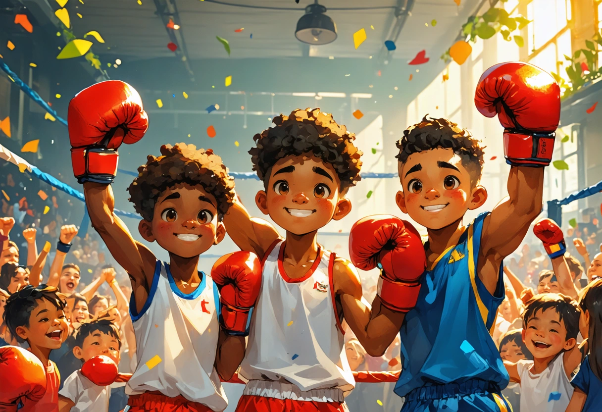Three diverse young boxers celebrating victory with raised arms, surrounded by cheering supporters