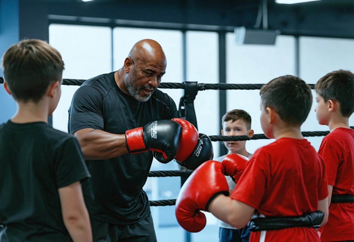 Experienced coach teaching advanced hand wrapping to focused group of boxers in gym