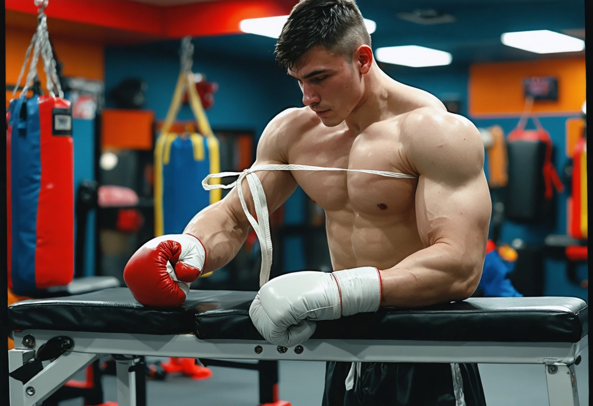 Step-by-step sequence of boxer wrapping hands on gym bench with colorful equipment