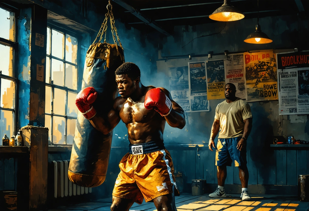 Teenage Riddick Bowe training on a heavy bag in a sunlit Brooklyn gym with mentor