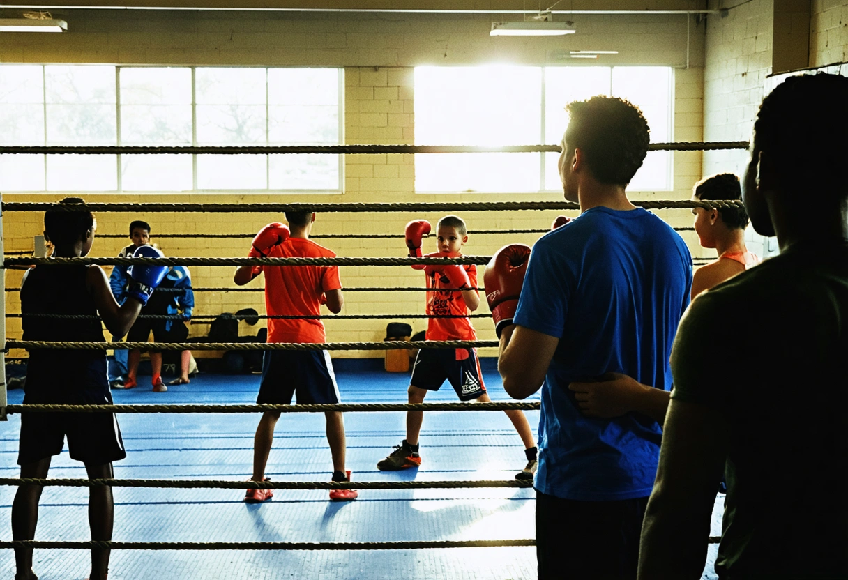 Youth boxing class at a lively community center with coaches, volunteers, and supportive onlookers