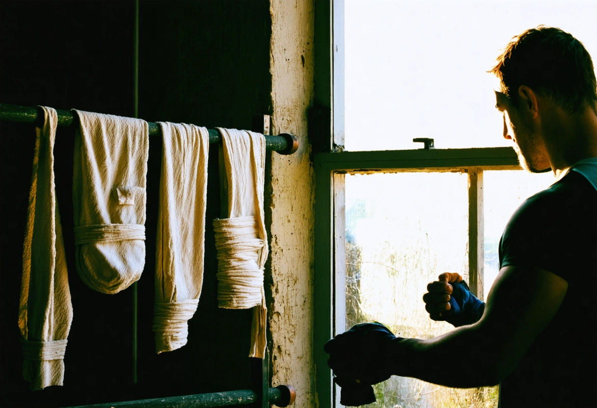 Neatly rolled hand wraps drying on rack by sunlit window, athlete inspecting another pair