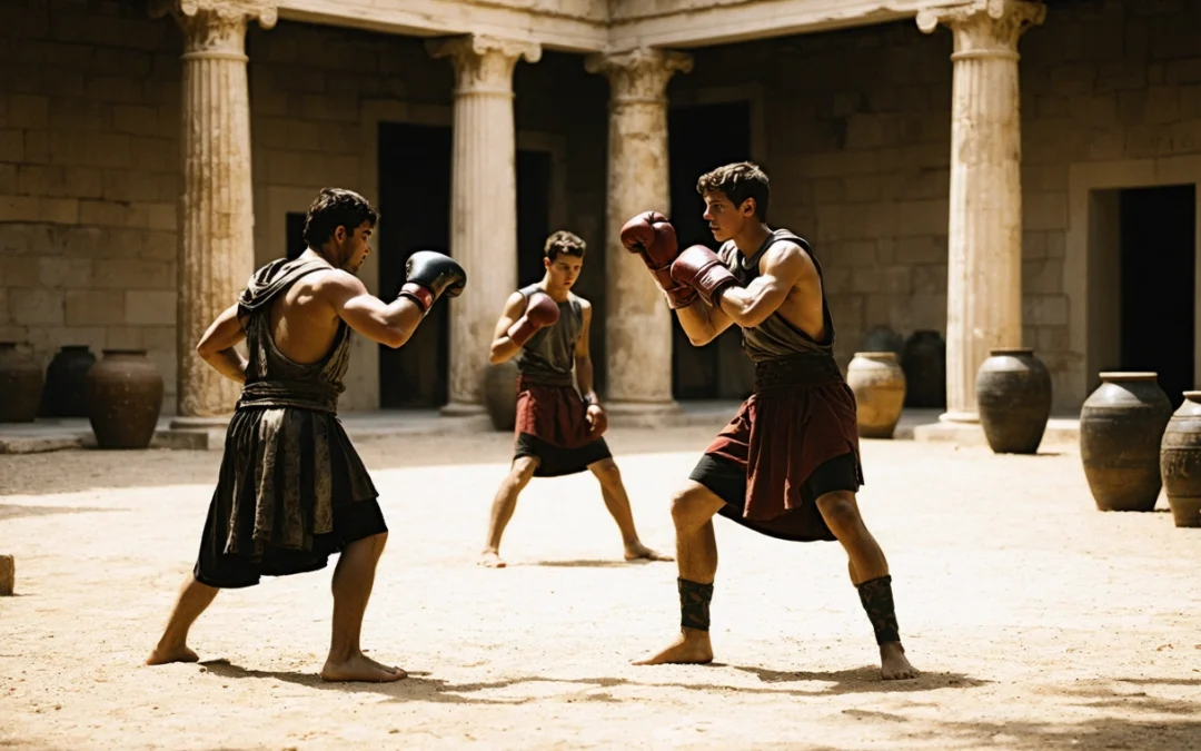 Ancient youths boxing in sunlit courtyard, wearing period attire, symbolizing discipline and mentorship.