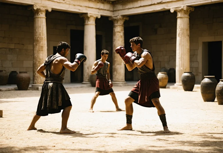 Ancient youths boxing in sunlit courtyard, wearing period attire, symbolizing discipline and mentorship.