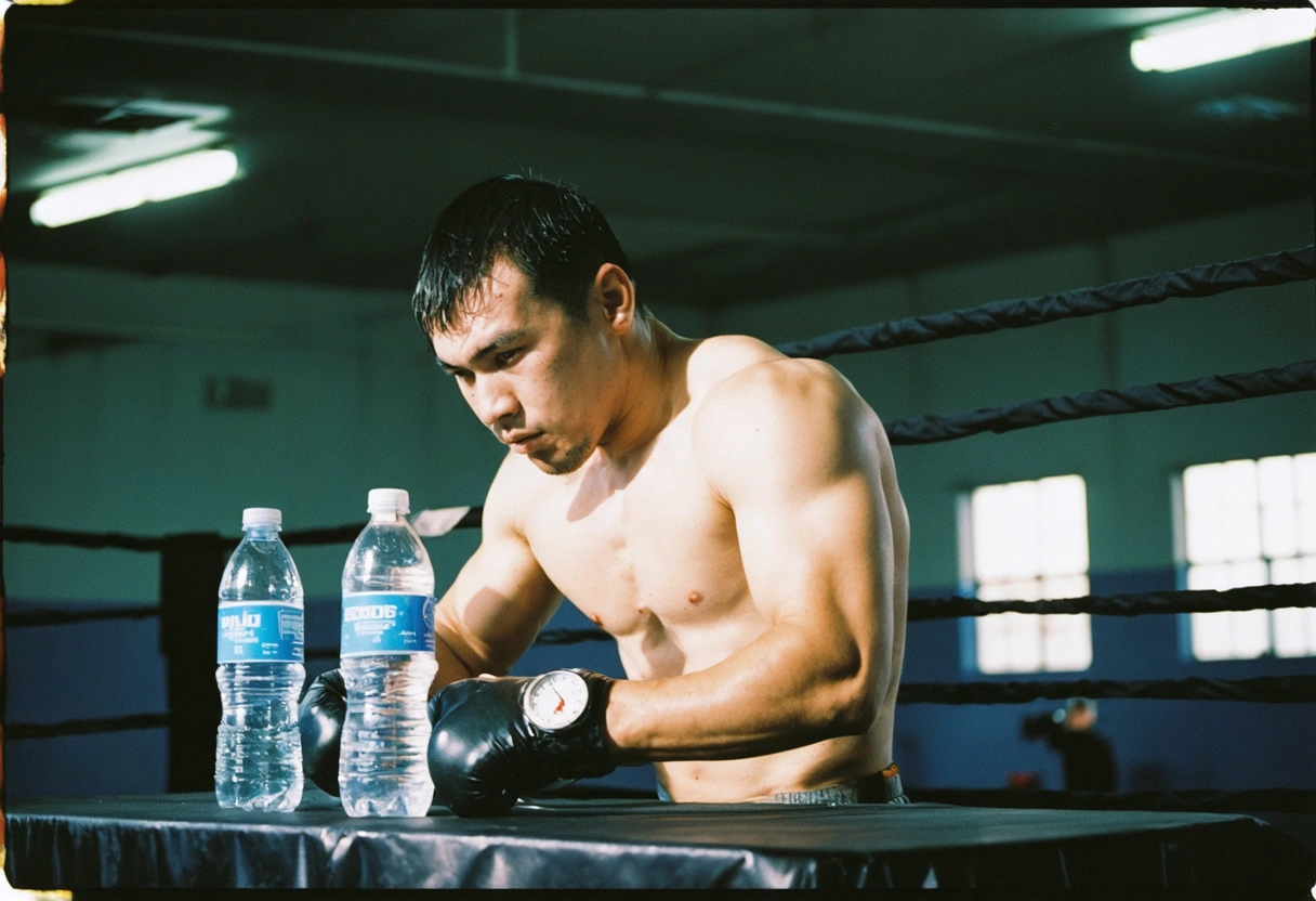 Boxer at ringside table preparing water bottles, timing hydration breaks with stopwatch, focused