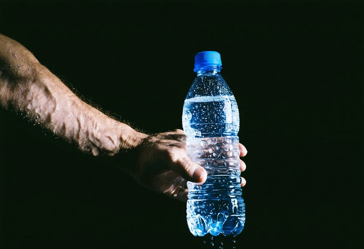 Boxer’s hand gripping water bottle with condensation, gym equipment blurred in background