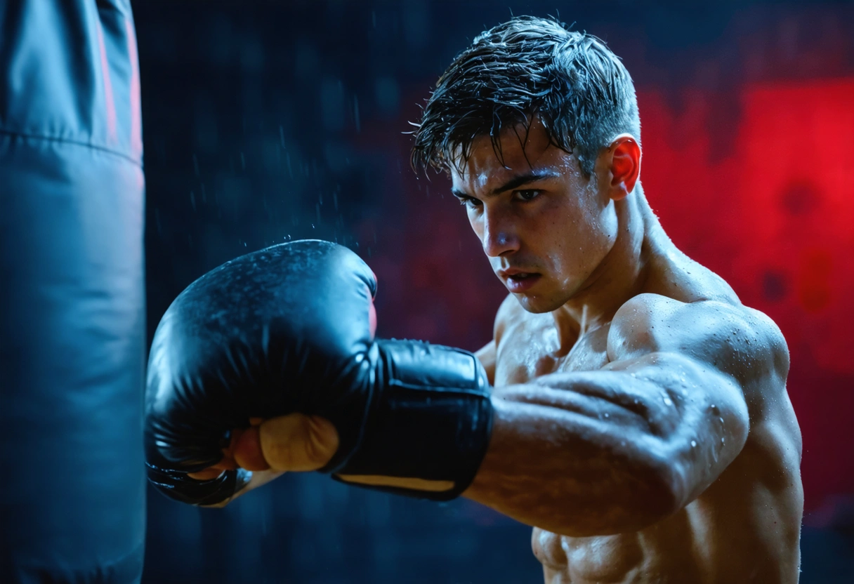 Young athlete sweating and punching a heavy bag, muscles tense, vibrant colors in the background
