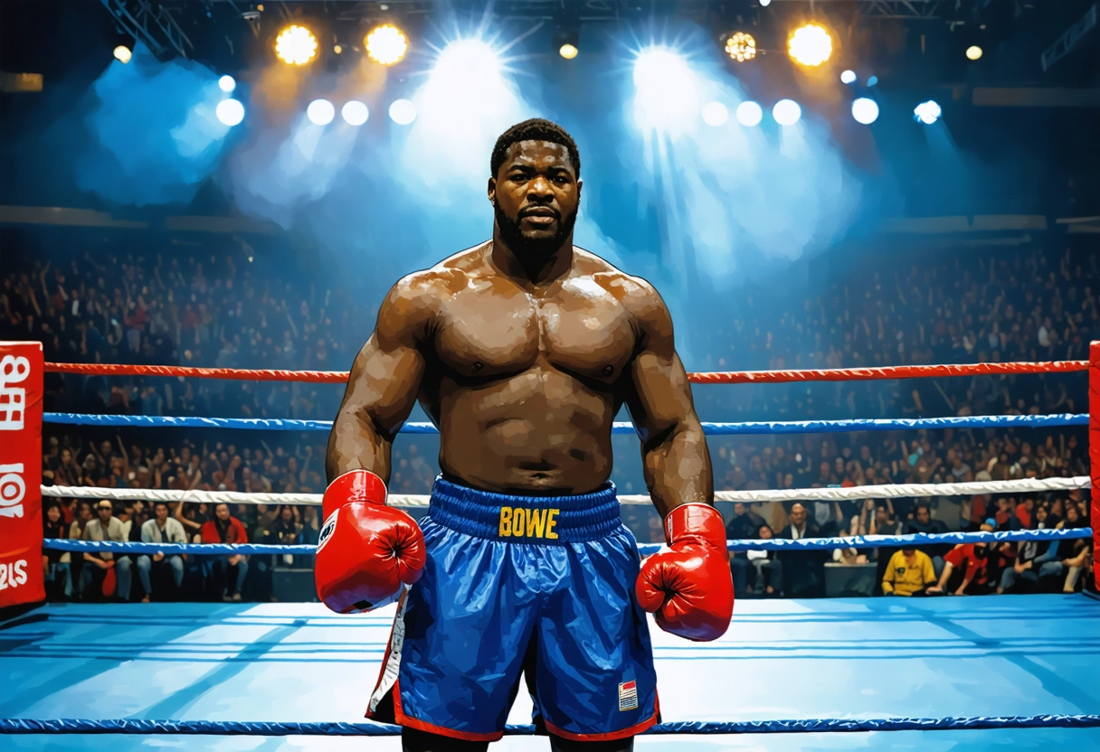 Riddick Bowe in Olympic gear facing a tall opponent in a brightly lit boxing ring