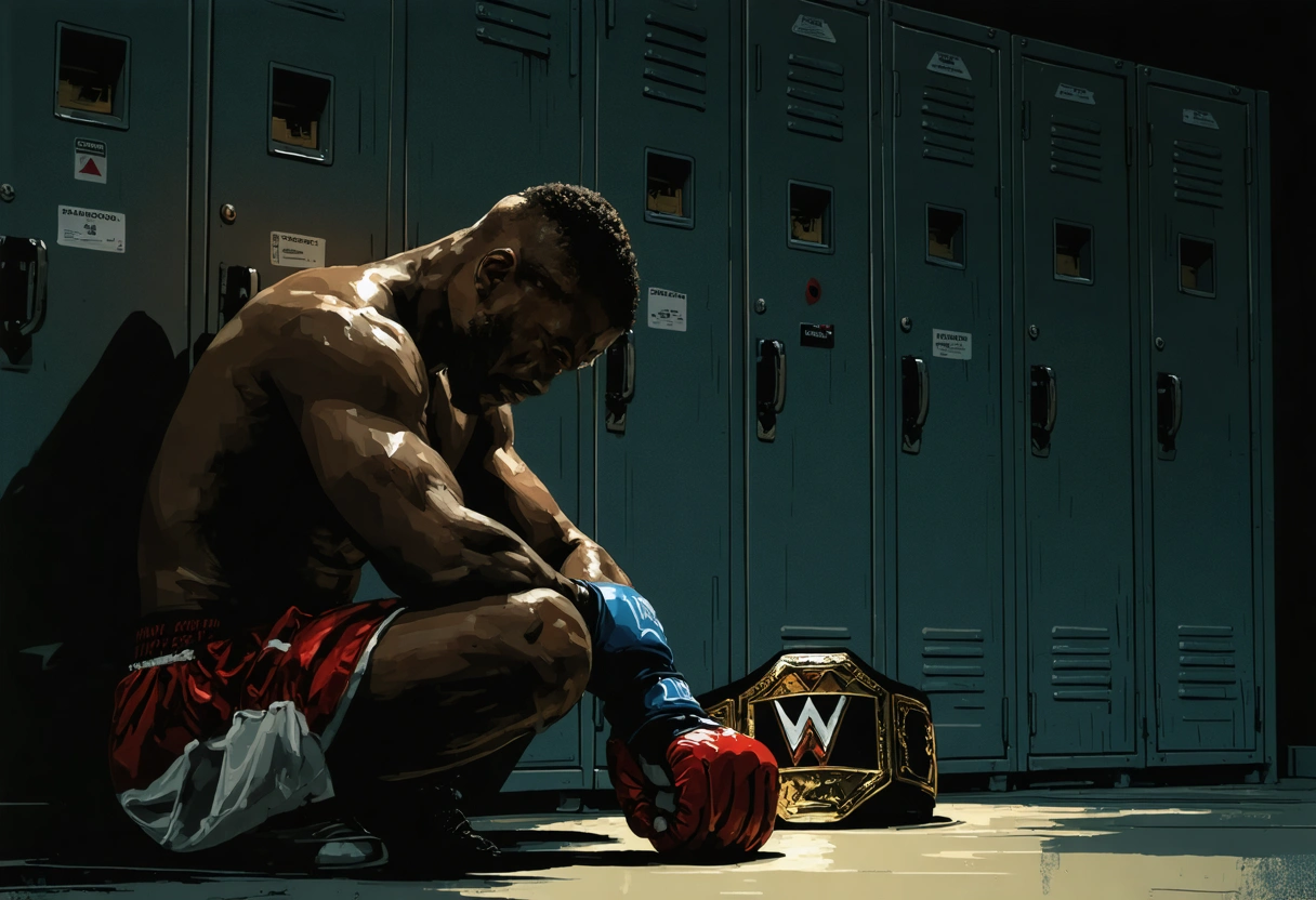 Riddick Bowe sitting alone in a dim locker room, head bowed, championship belt beside him
