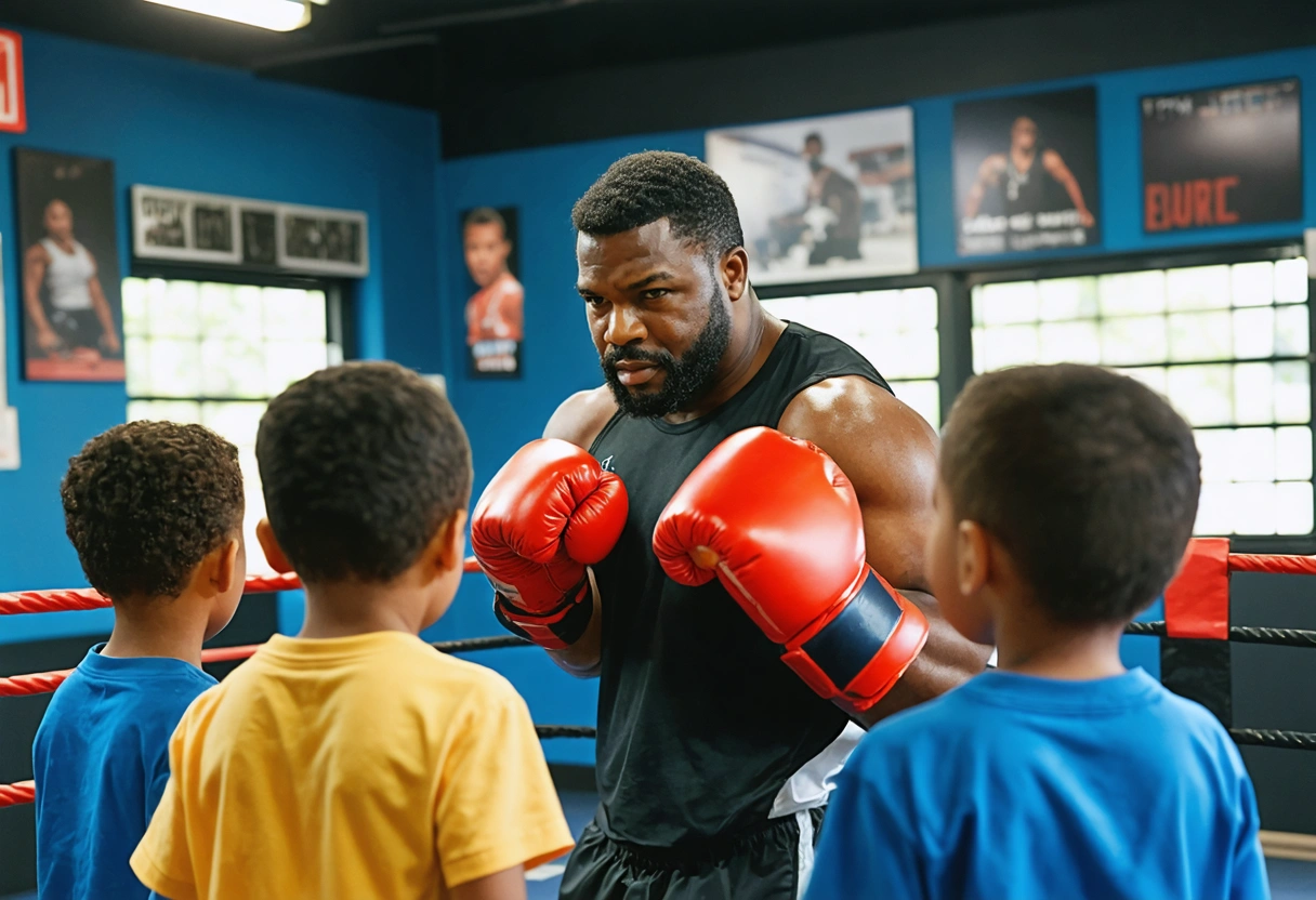Riddick Bowe demonstrating boxing technique to attentive kids in a bright, modern gym