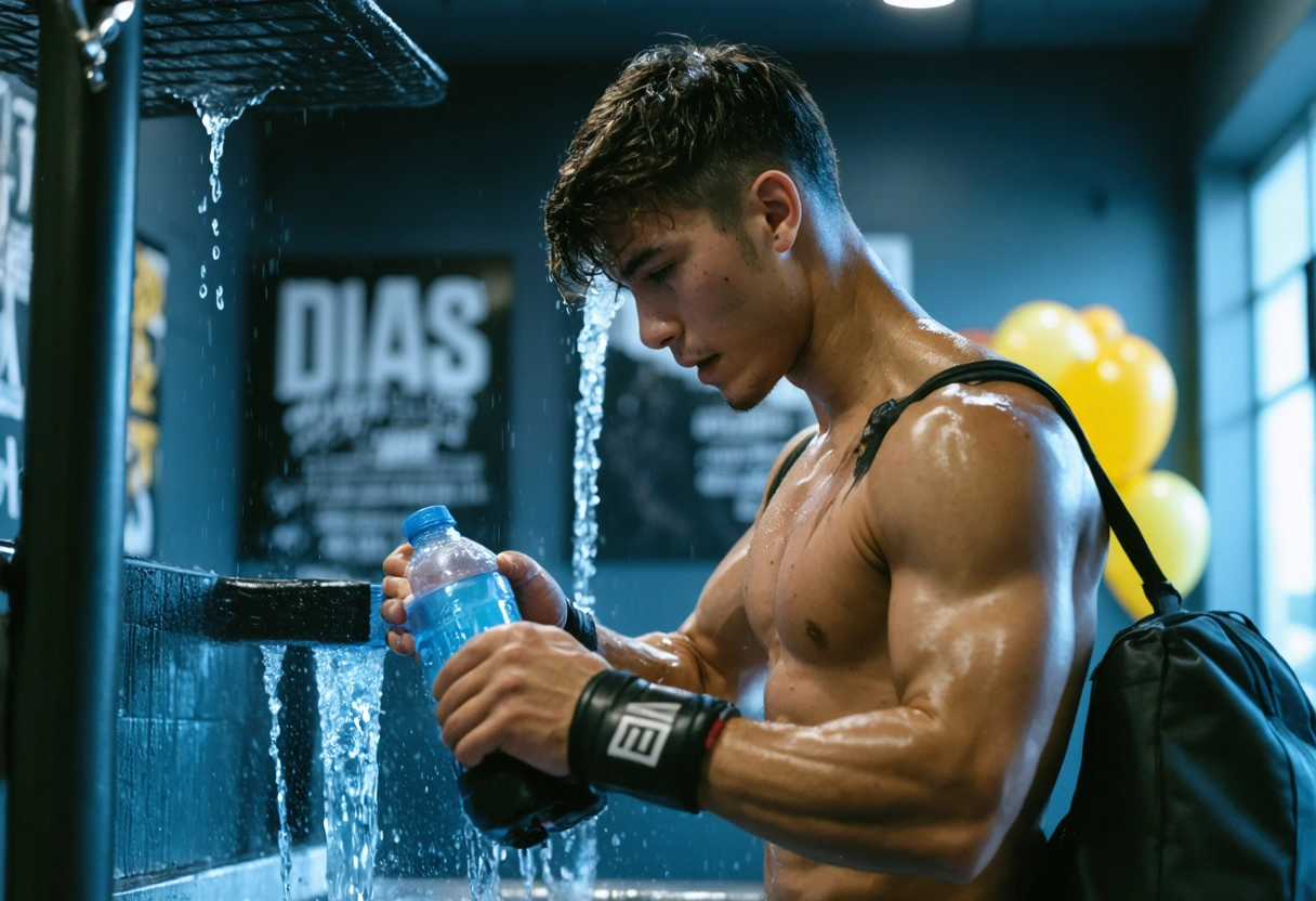 Young boxer filling water bottle at gym fountain, hand wraps on, motivational posters in background