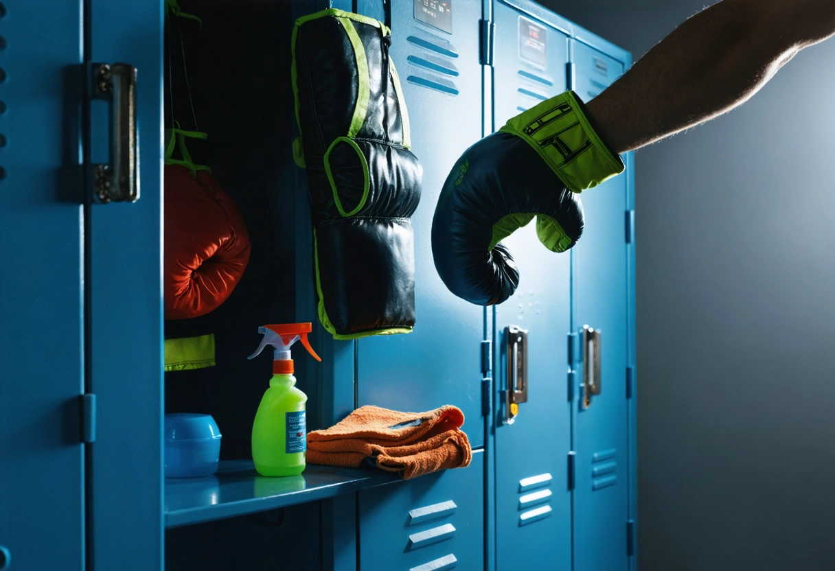 Boxer hangs gloves to dry on locker with deodorizers inside, cleaning supplies nearby