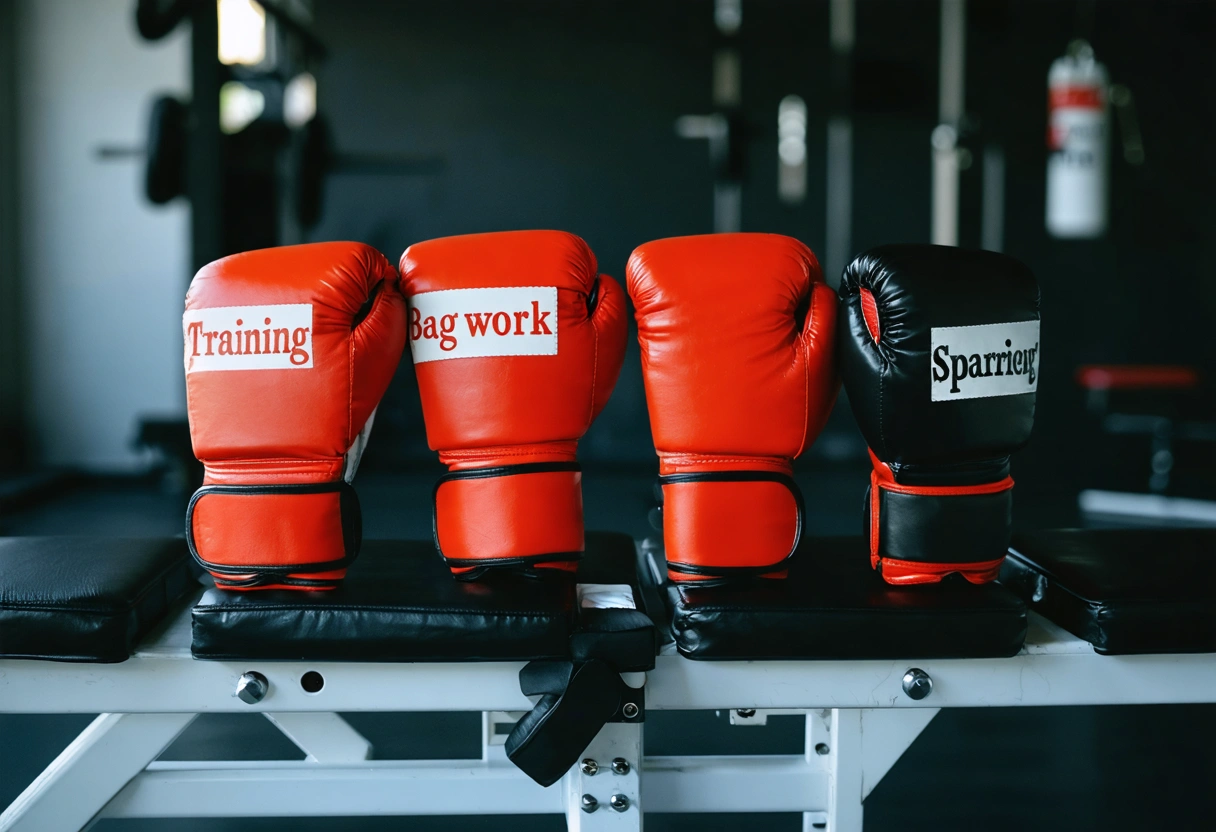 Four pairs of boxing gloves labeled for training, bag work, sparring, and competition on gym bench