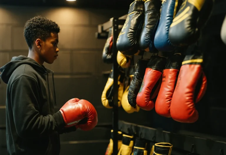 Young boxer choosing colorful boxing gloves in gym with coach's guidance, motivational atmosphere.
