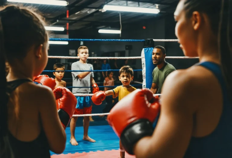 Parents and children watching youth boxing training session together in a modern, supportive gym environment.