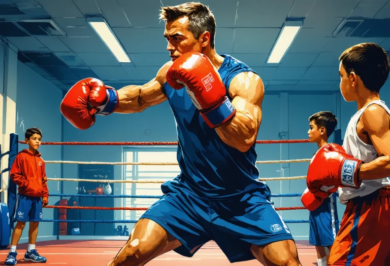 Boxing coach demonstrates attack and defense footwork to young athletes in a well-lit gym.