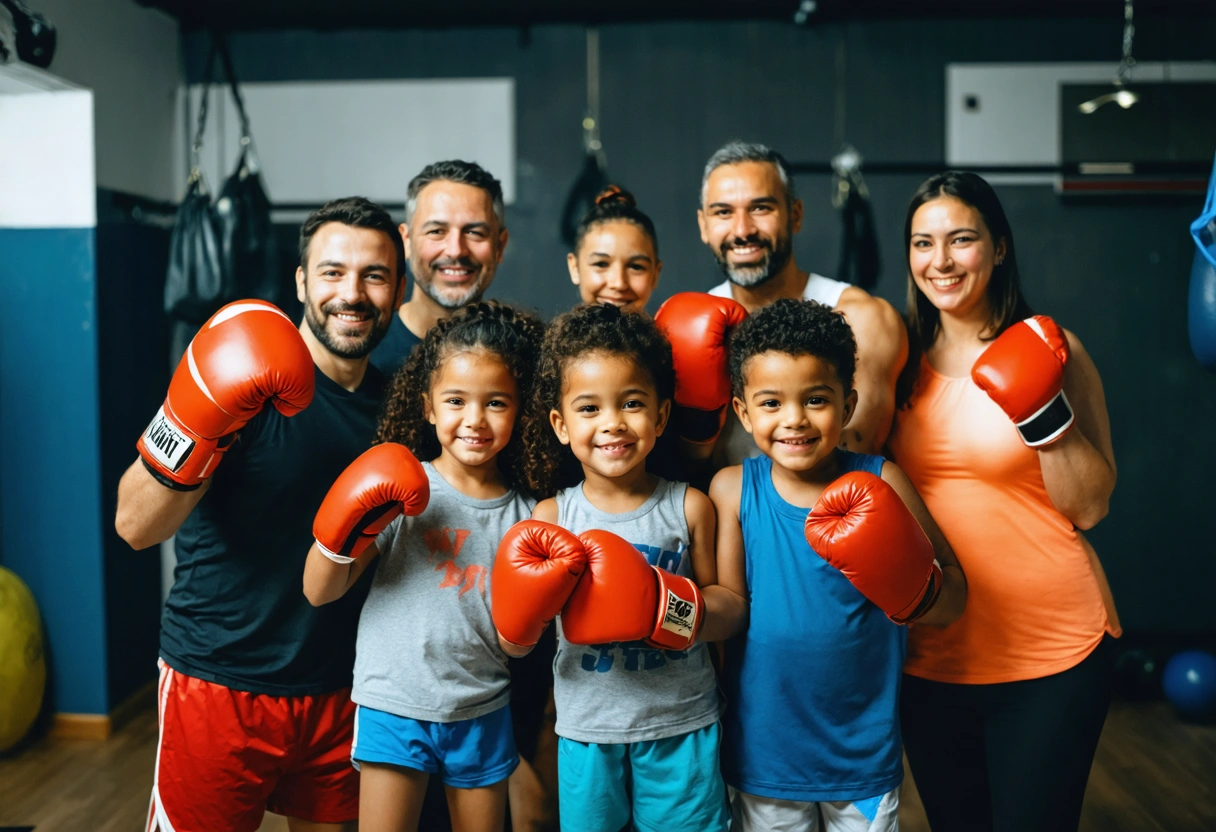 Parents and young boxers celebrating together in gym after training, joyful community atmosphere