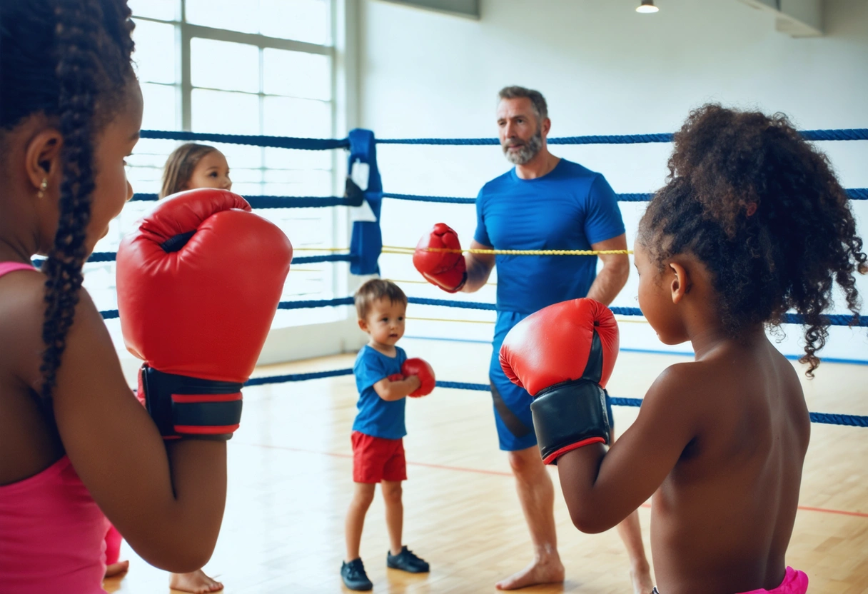 Families and coaches enjoying group boxing activities together in a bright, cheerful gym