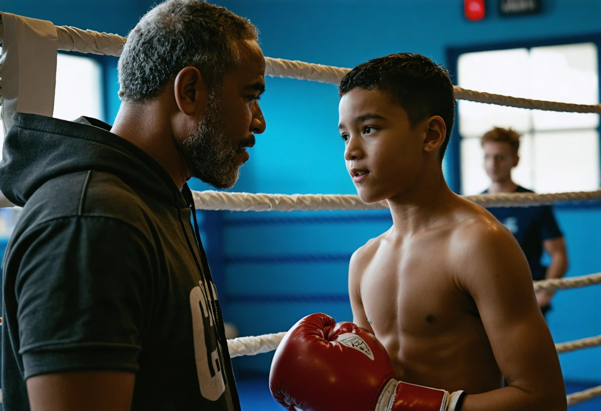 Parent and young boxer talking supportively ringside with coach watching in gym setting