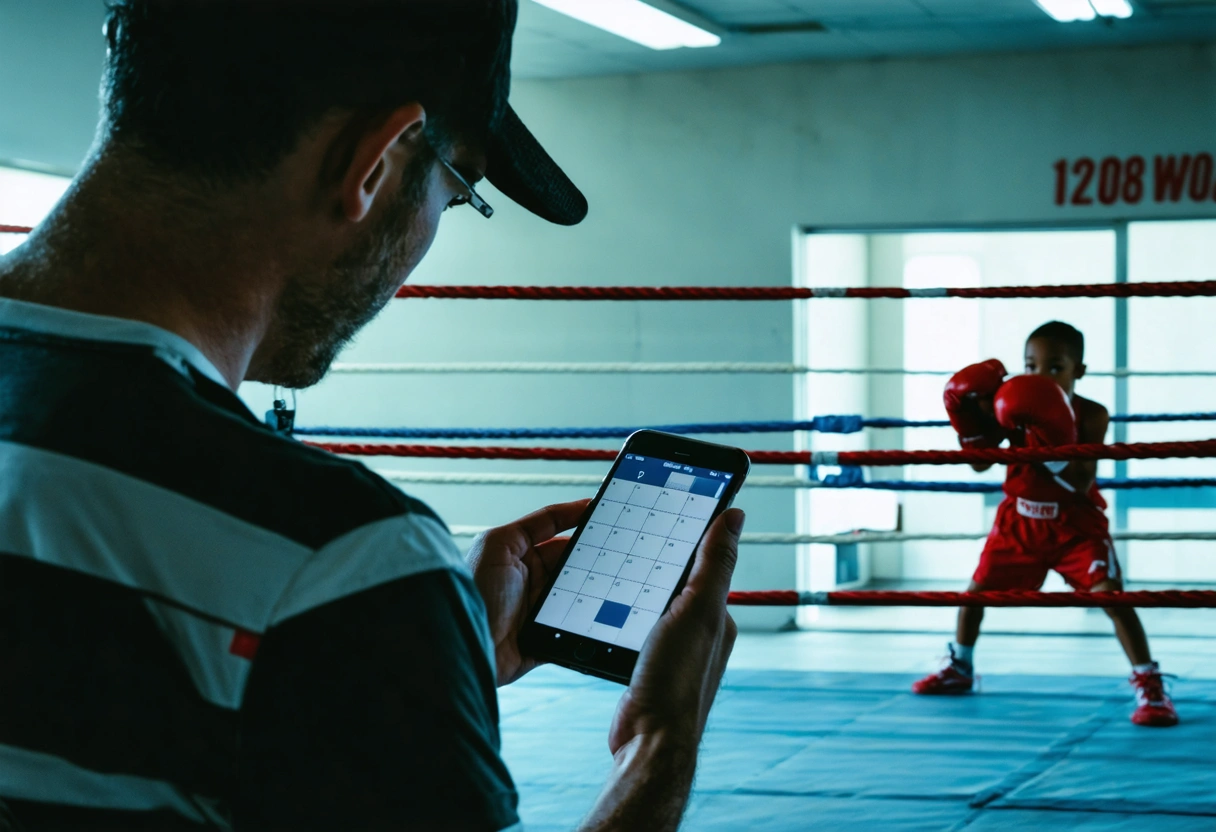 Parent checking phone calendar while observing child training in modern boxing gym